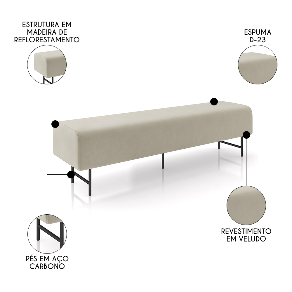 Puff Recamier Decorativo Pés em Ferro 140cm Dublin P02 Veludo Bege - Mpozenato