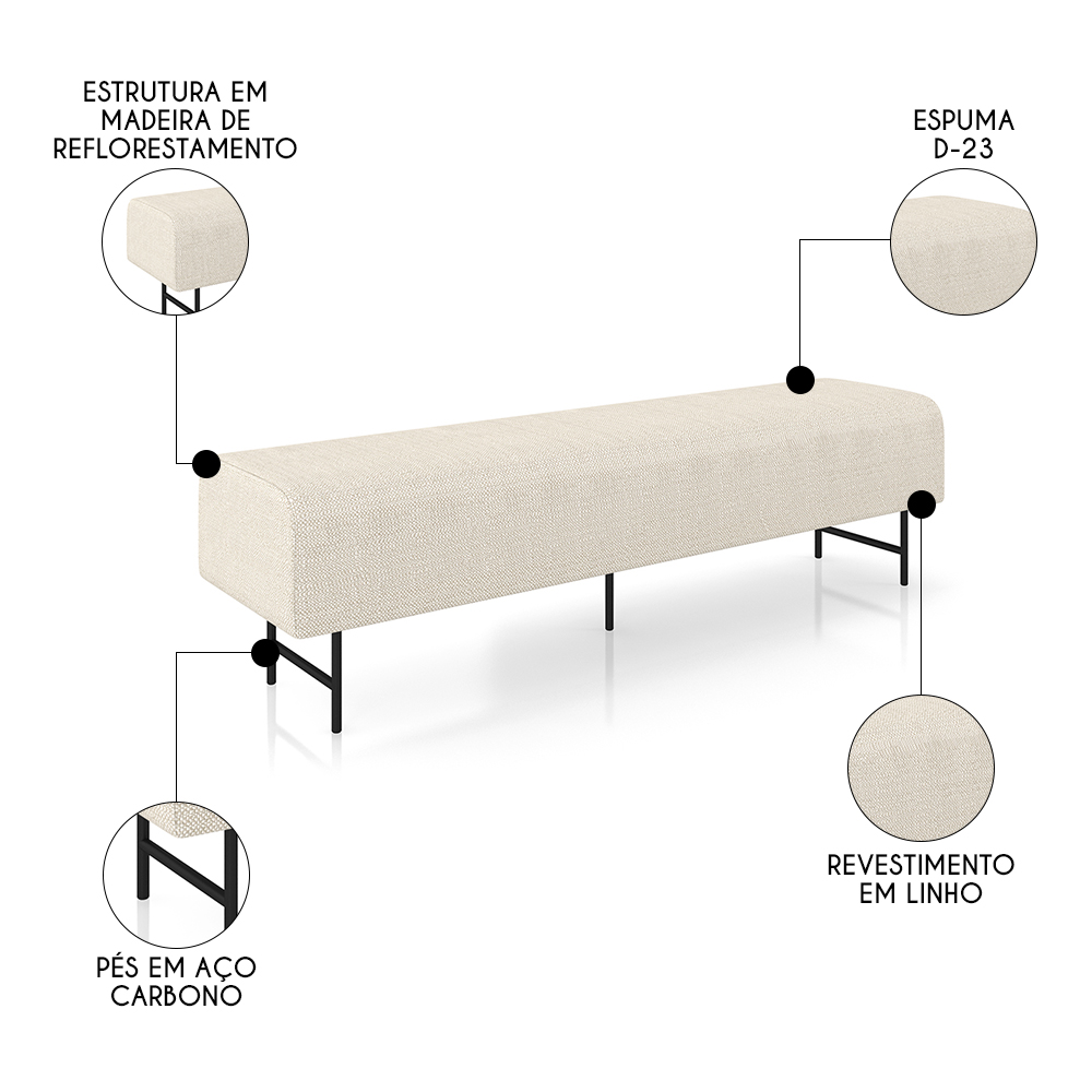 Puff Recamier Decorativo Pés em Ferro 160cm Dublin P02 Linho Creme - Mpozenato