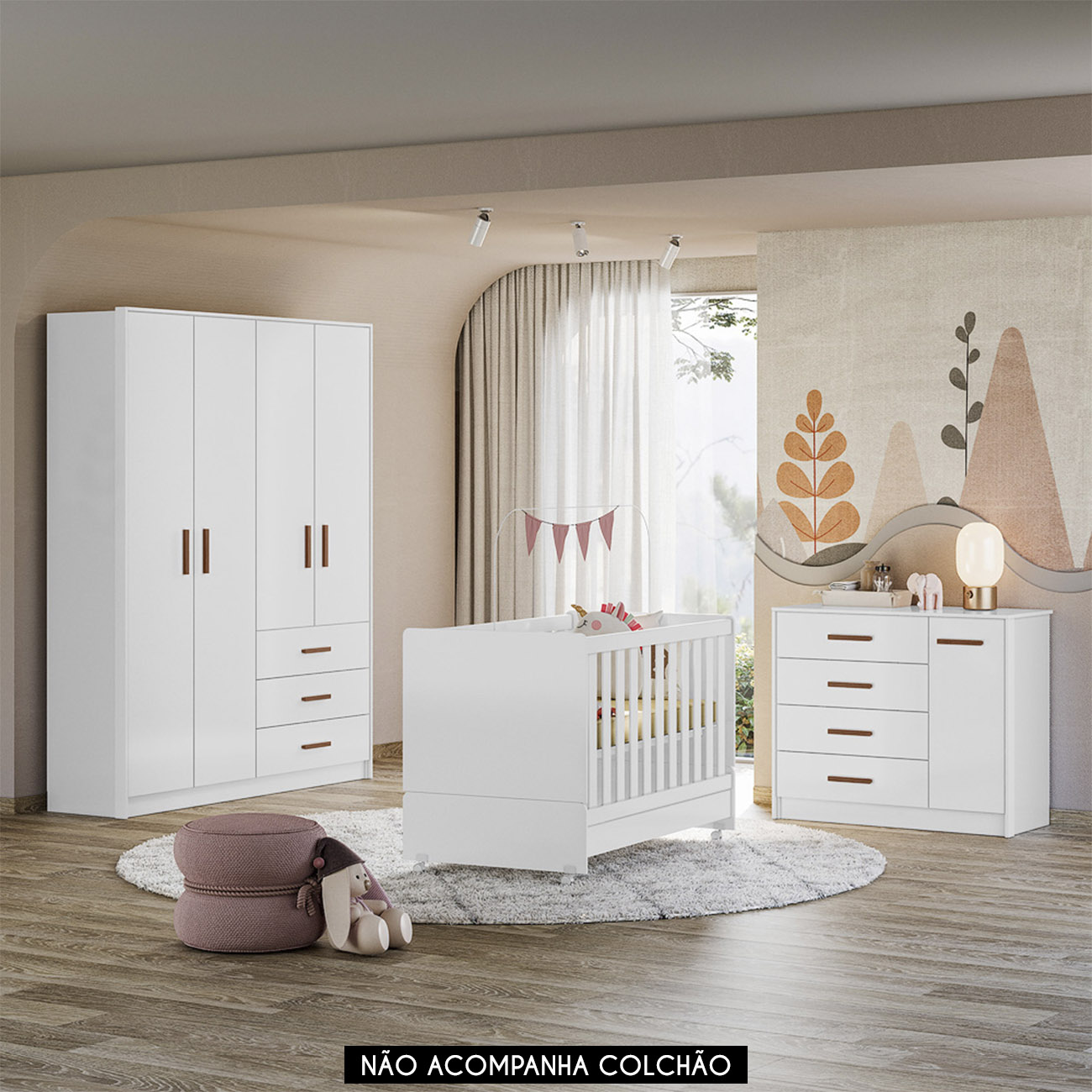 Quarto Infantil 3 Peças Com Berço Americano Nelly Branco Z49 - Mpozenato