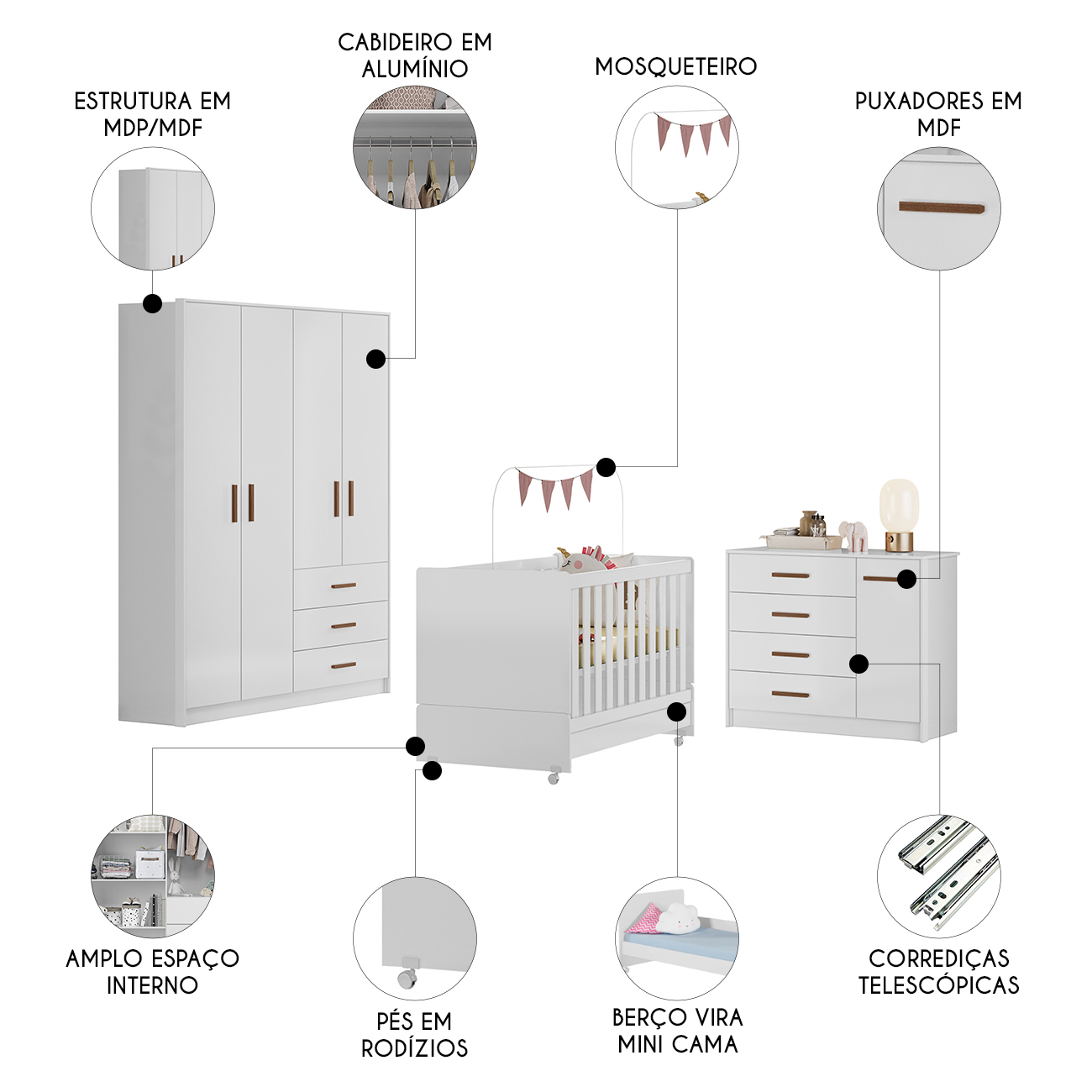 Quarto Infantil 3 Peças Com Berço Americano Nelly Branco Z49 - Mpozenato