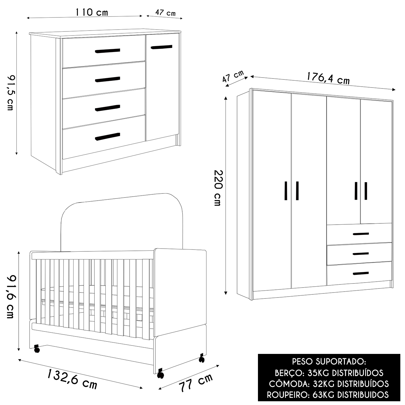 Quarto Infantil 3 Peças Com Berço Americano Nelly Branco Z49 - Mpozenato