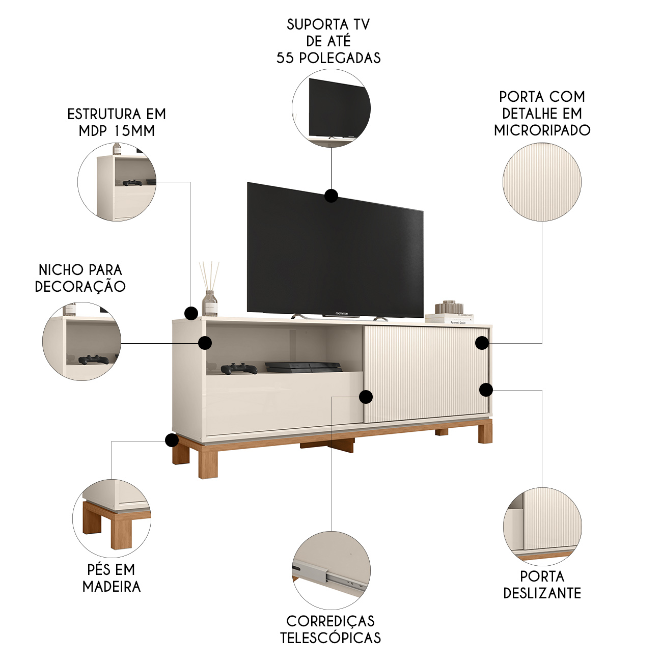 Rack Bancada Para TV 55 Pol 150cm Lucca Off White/Freijó C01 - Mpozenato