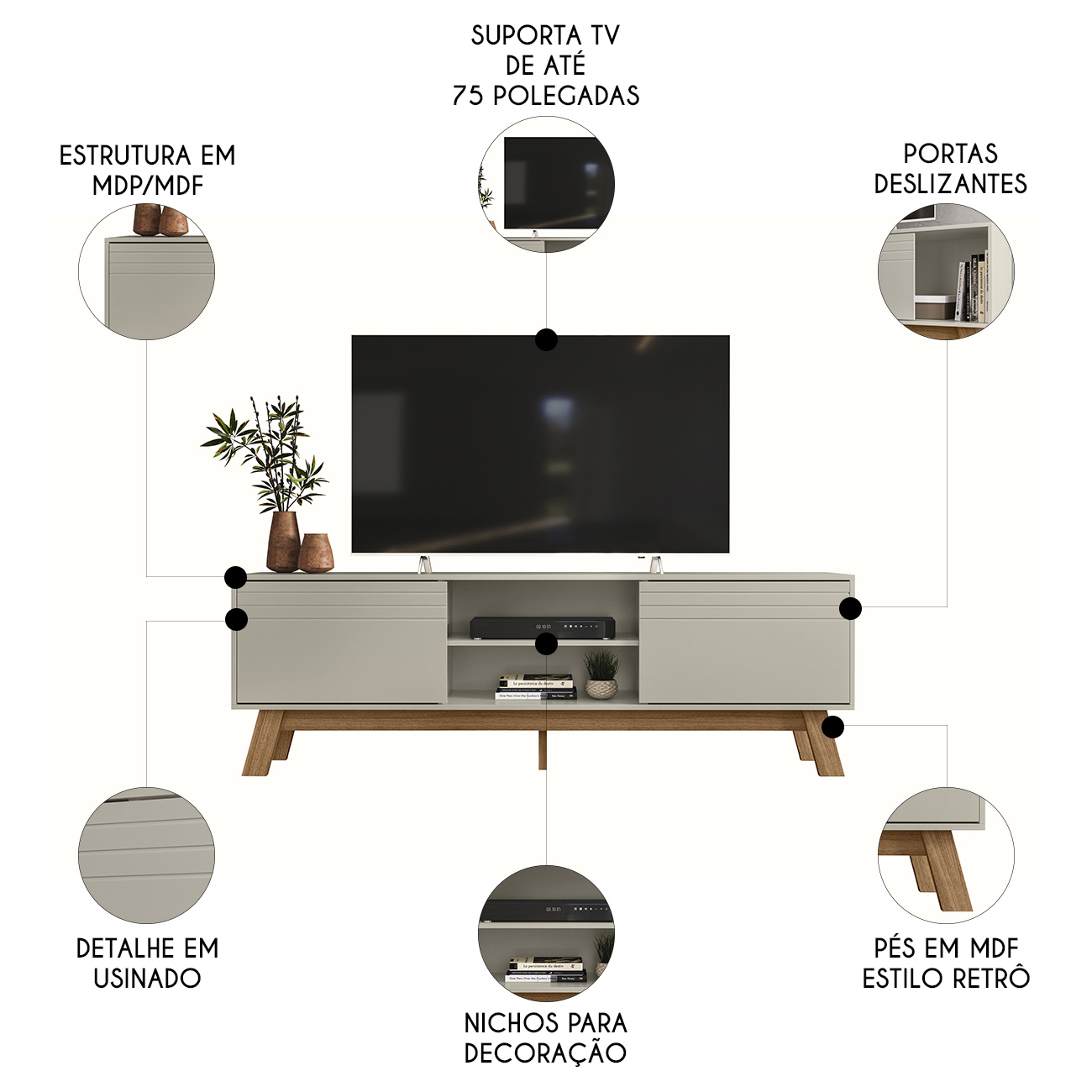 Rack Bancada Para TV 75 Pol 180cm Dulce Off White Z49      - Mpozenato