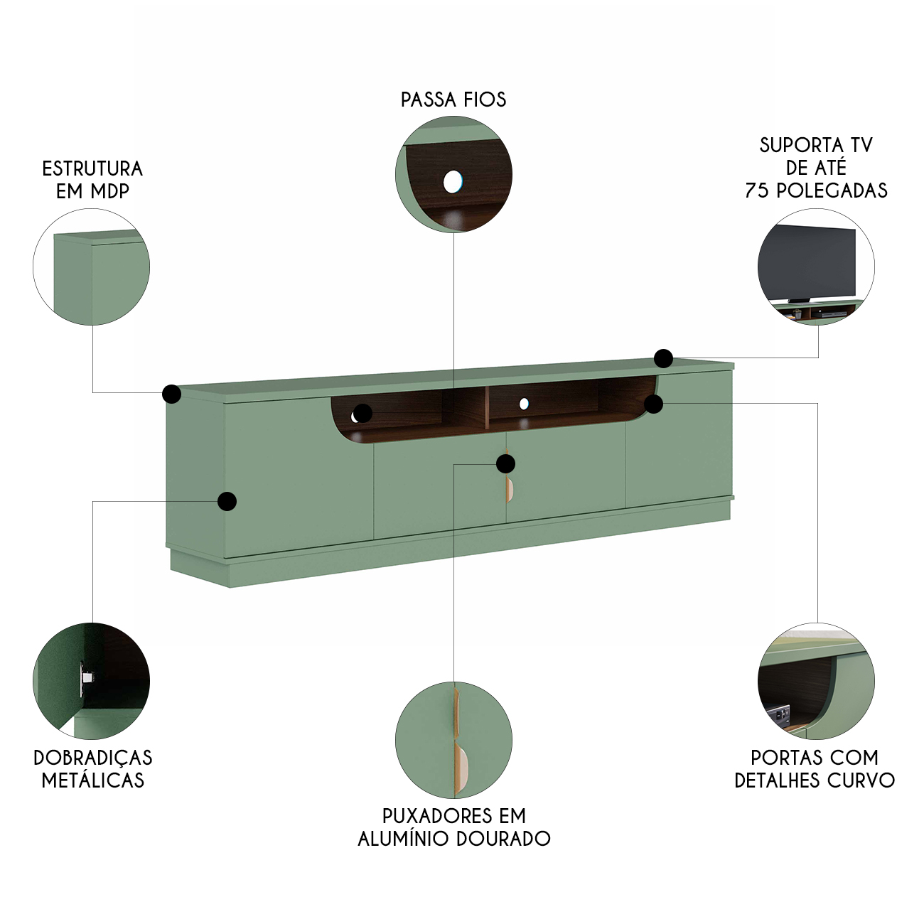 Rack Bancada Para TV 75 Pol 200cm Brescia Hortelã/Amêndoa C05 - Mpozenato