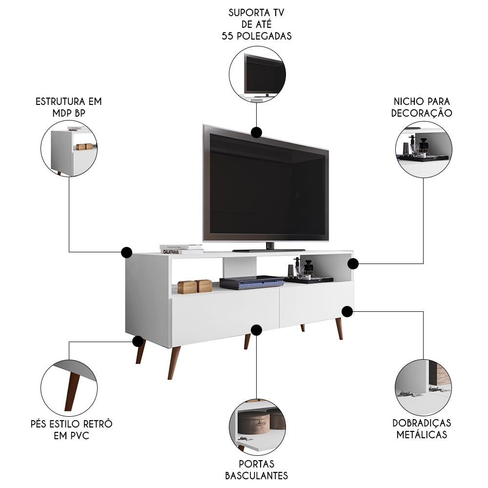 Rack para Sala Bancada de TV 55 Pol 136cm Pés Retrô Senna M24 Branco - Mpozenato