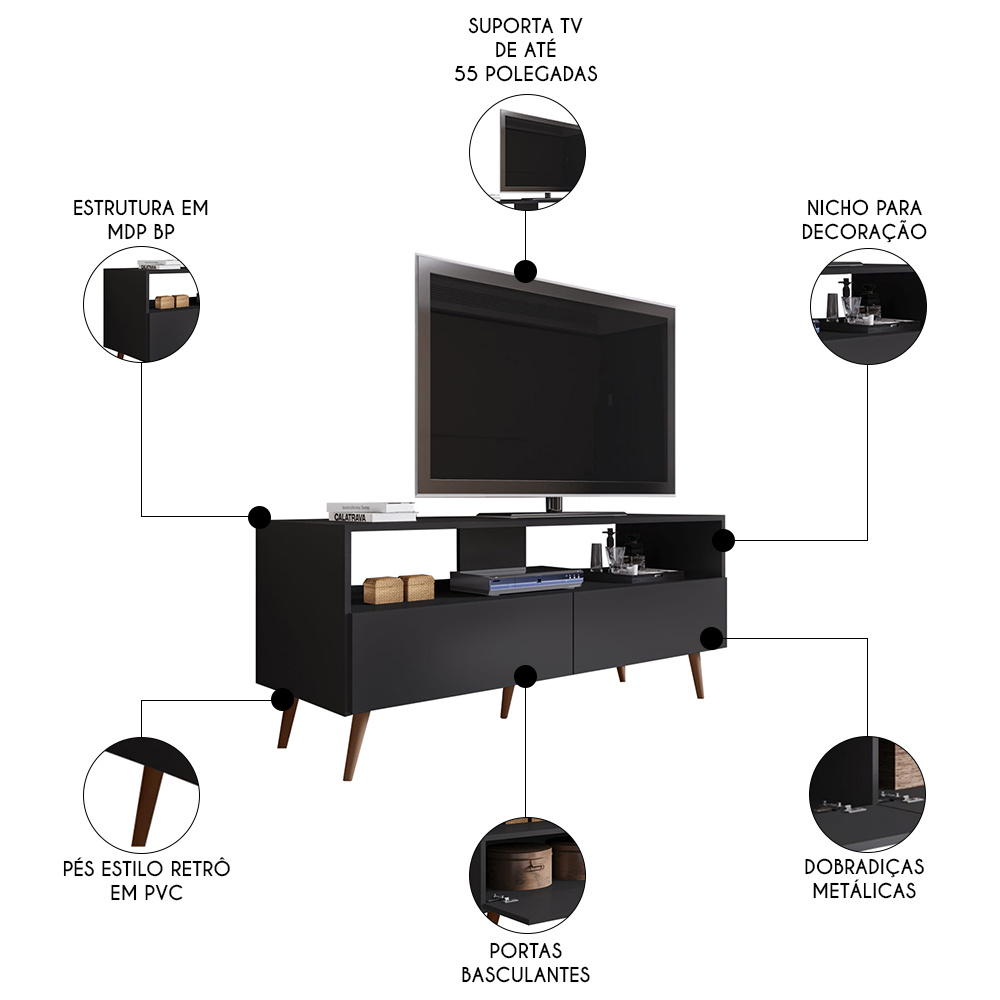 Rack para Sala Bancada de TV 55 Pol 136cm Pés Retrô Senna M24 Preto - Mpozenato