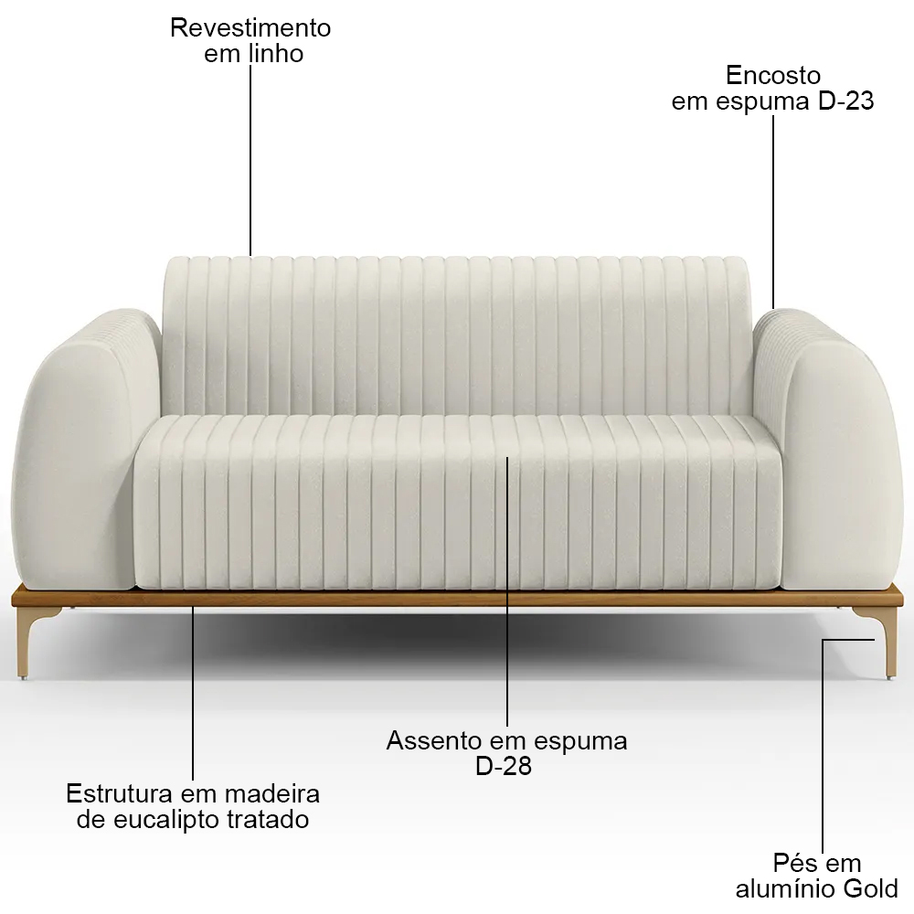 Sofá 150cm 2 Lugares Base Gold Molino D06 Linho C-367 Cru - Mpozenato