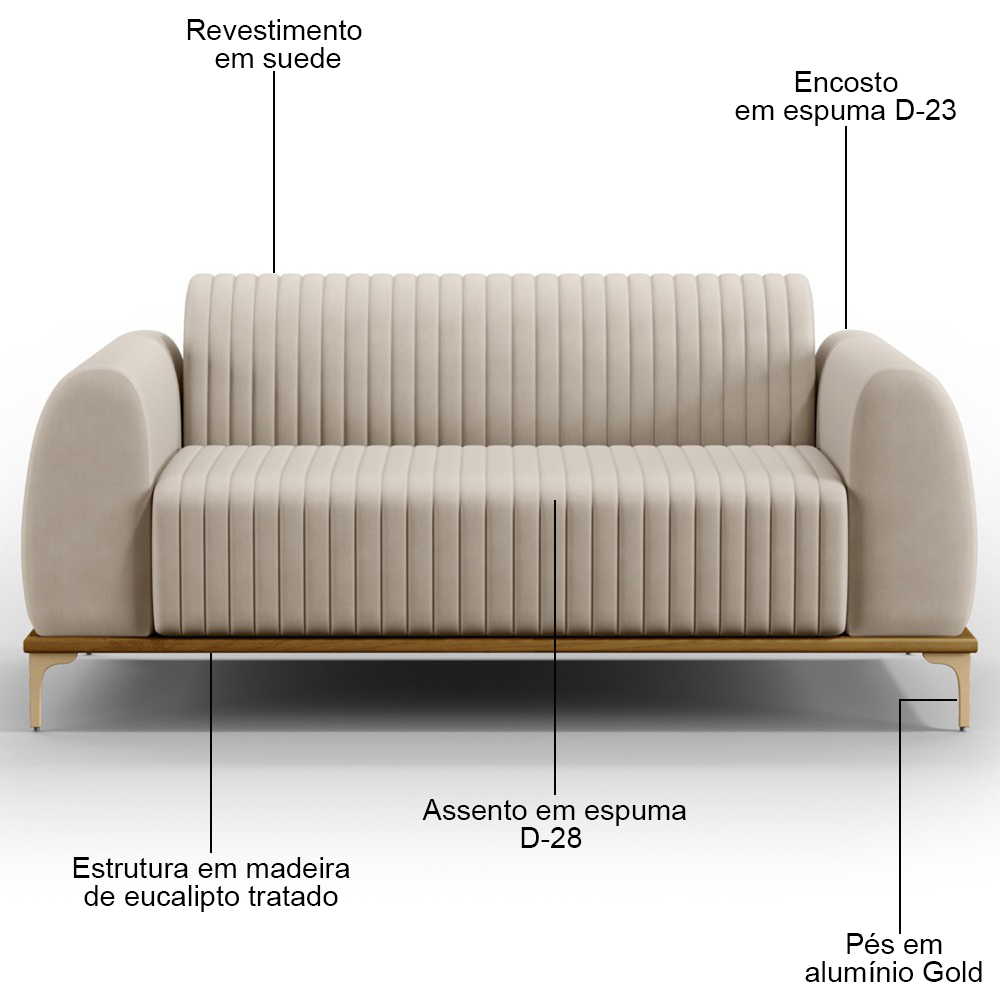 Sofá 150cm 2 Lugares Base Gold Molino D06 Suede C-309 Bege - Mpozenato