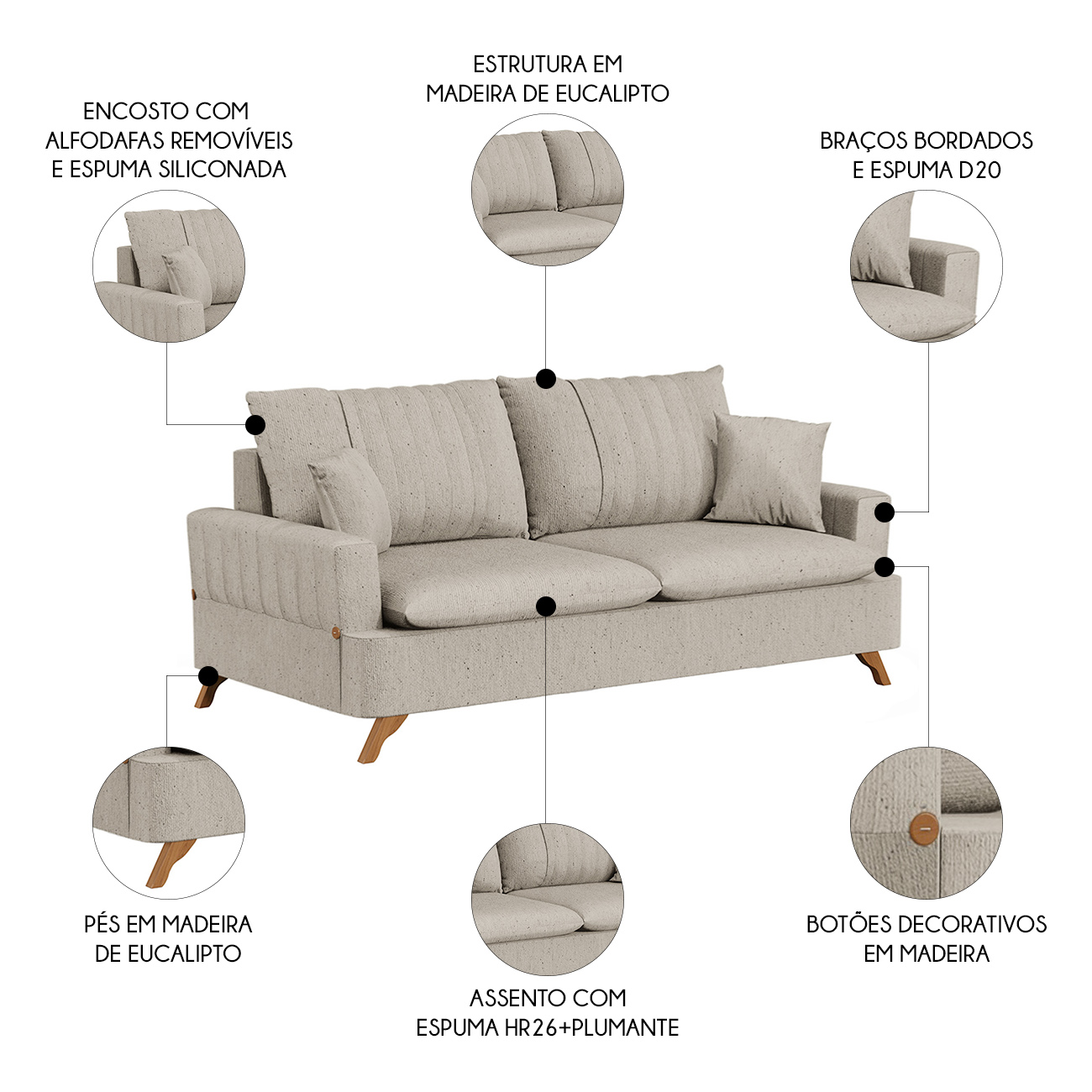 Sofá 160cm 2 Lugares com Almofadas Pés Curvos Veras Linho D05 Bege - Mpozenato