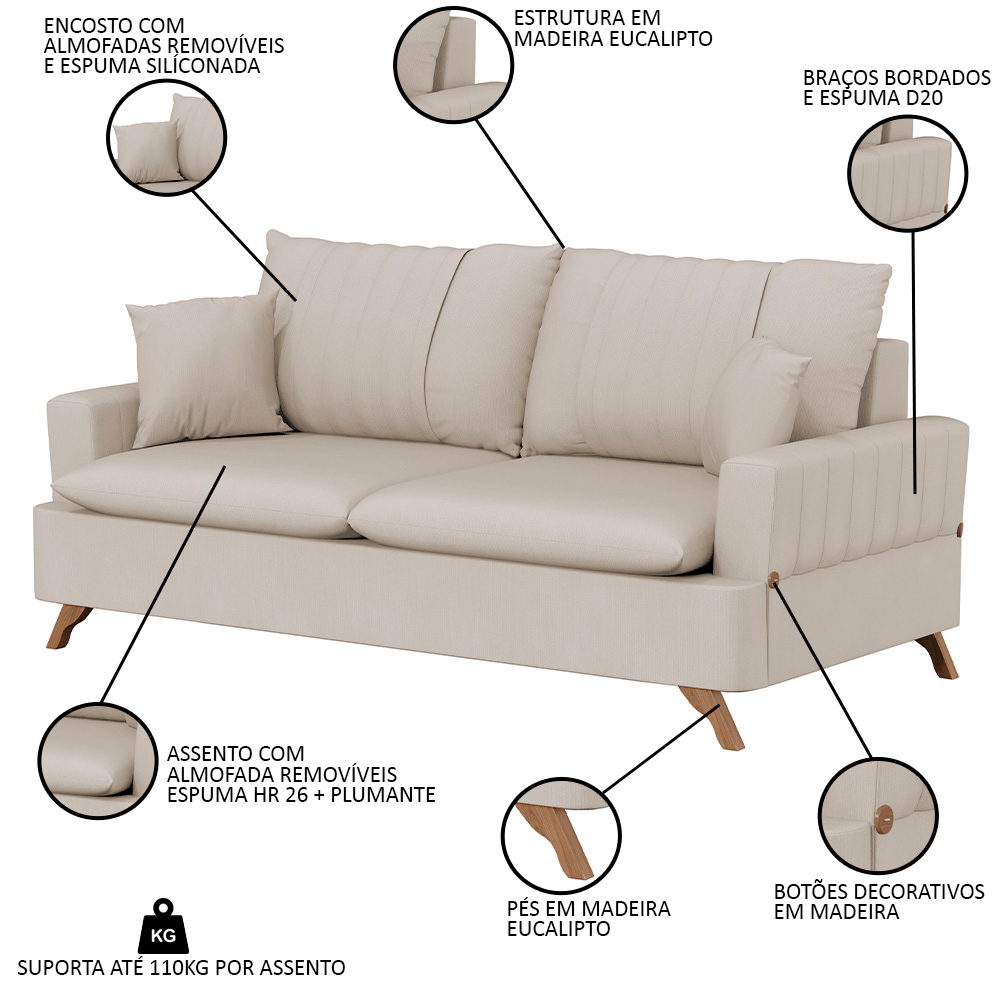 Sofá 160cm 2 Lugares com Almofadas Pés Curvos Veras Suede D05 Bege Claro - Mpozenato