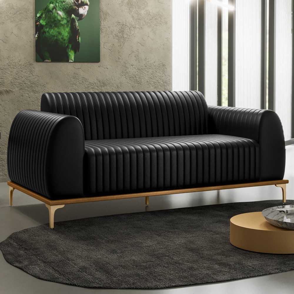 Sofá 180cm 3 Lugares Base Gold Molino D06 PU B-159 Preto - Mpozenato