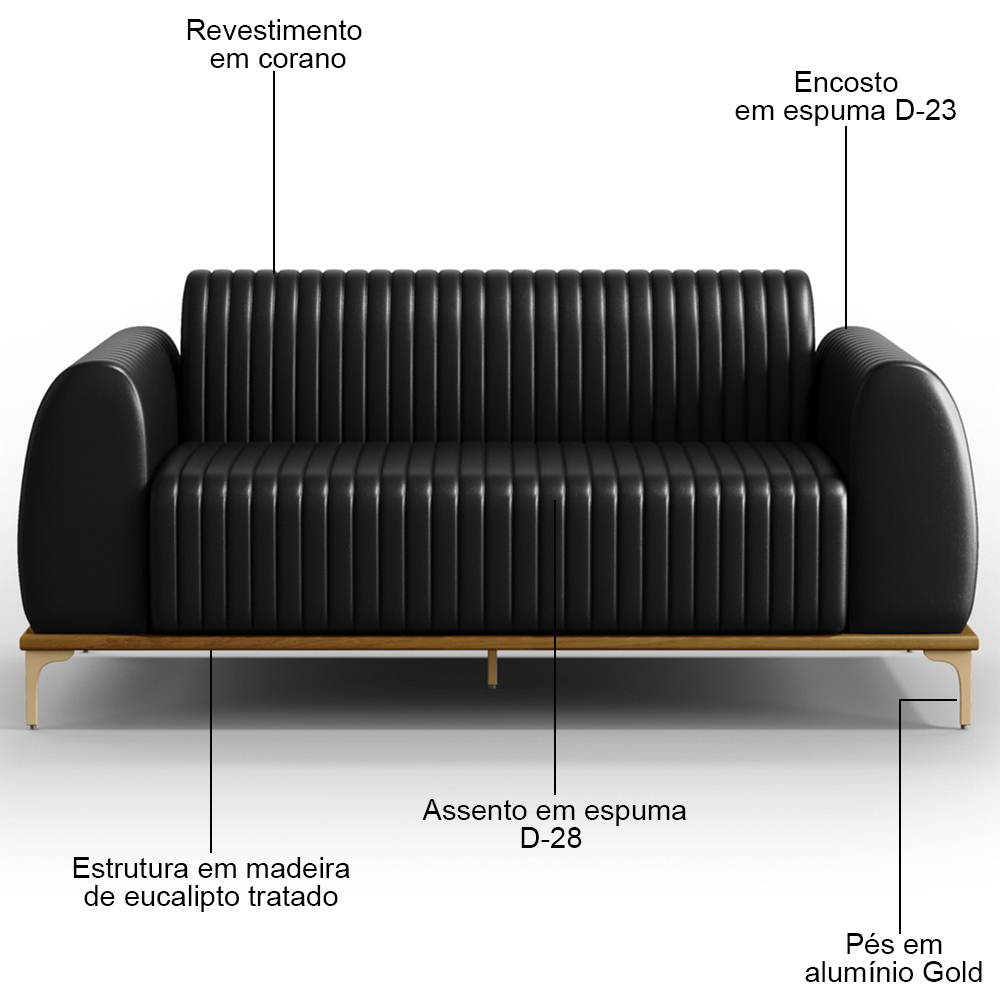 Sofá 180cm 3 Lugares Base Gold Molino D06 PU B-159 Preto - Mpozenato