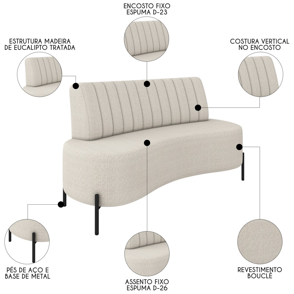 Sofá 2 Lugares 135cm Pés Aço Preto Tamar K04 Bouclê Areia - Mpozenato