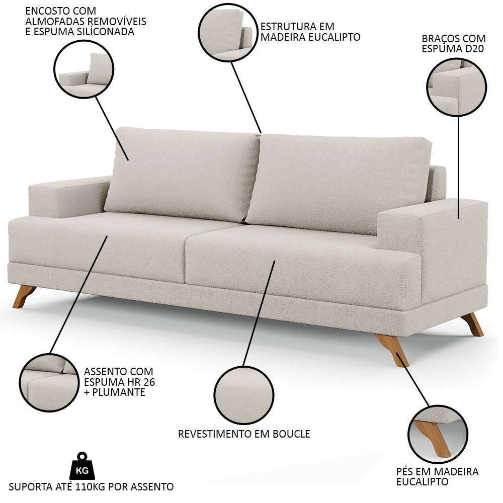 Sofá 2 Lugares 160cm Living Pés Curvos Santi D05 Boucle Creme - Mpozenato