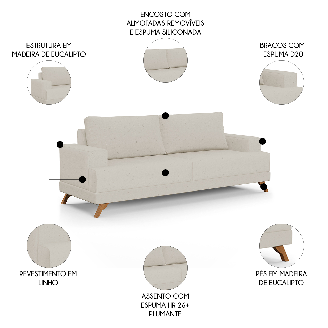 Sofá 2 Lugares 160cm Living Pés Curvos Santi D05 Linho Bege - Mpozenato