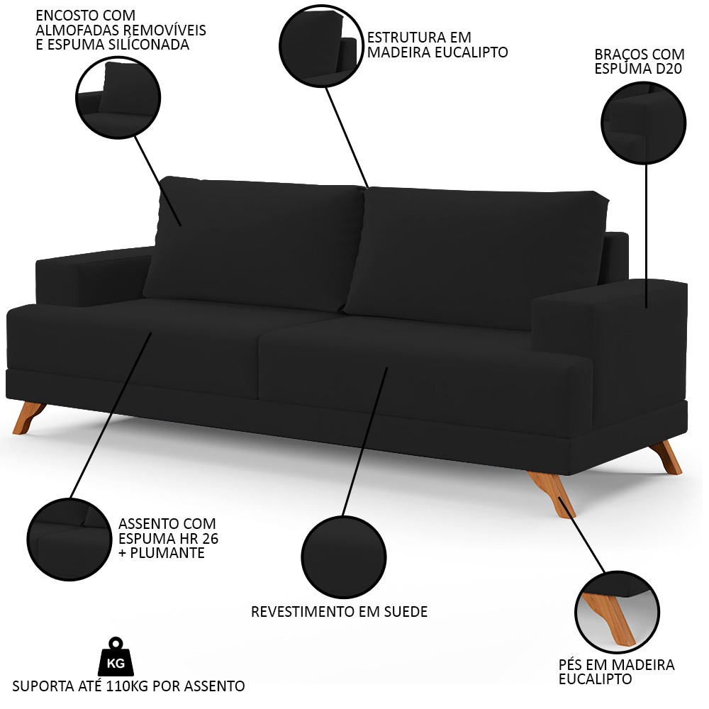 Sofá 2 Lugares 160cm Living Pés Curvos Santi D05 Suede Preto - Mpozenato