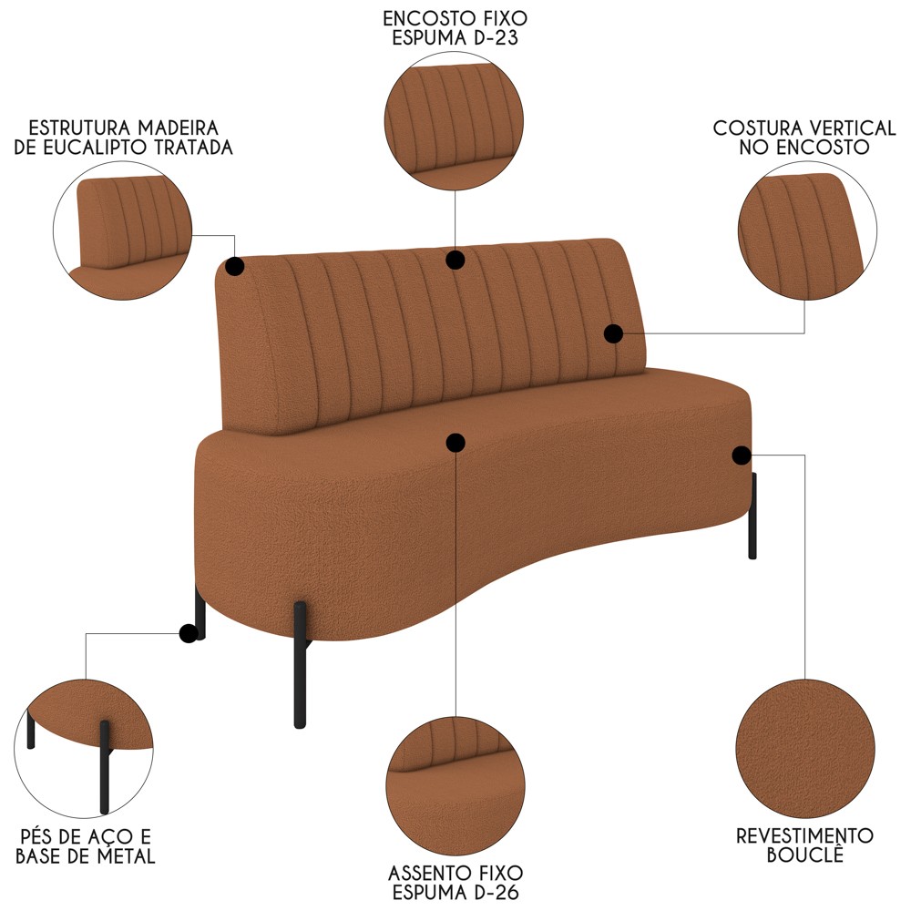 Sofá 2 Lugares 160cm Pés Aço Preto Tamar Z08 Boucle Terracota - Mpozenato