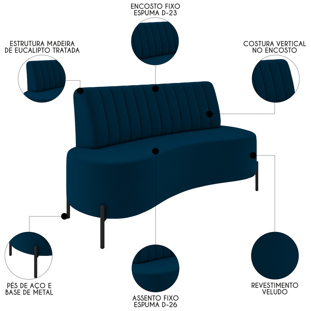 Sofá 2 Lugares 160cm Pés Aço Preto Tamar Z08 Veludo Azul - Mpozenato