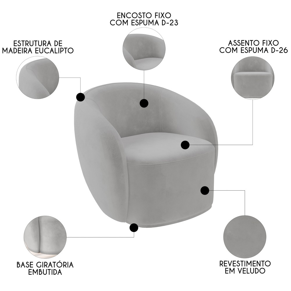 Sofá 2 Lugares Living 160cm e 1 Poltrona Giratória Garbin K04 Veludo Cinza - Mpozenato