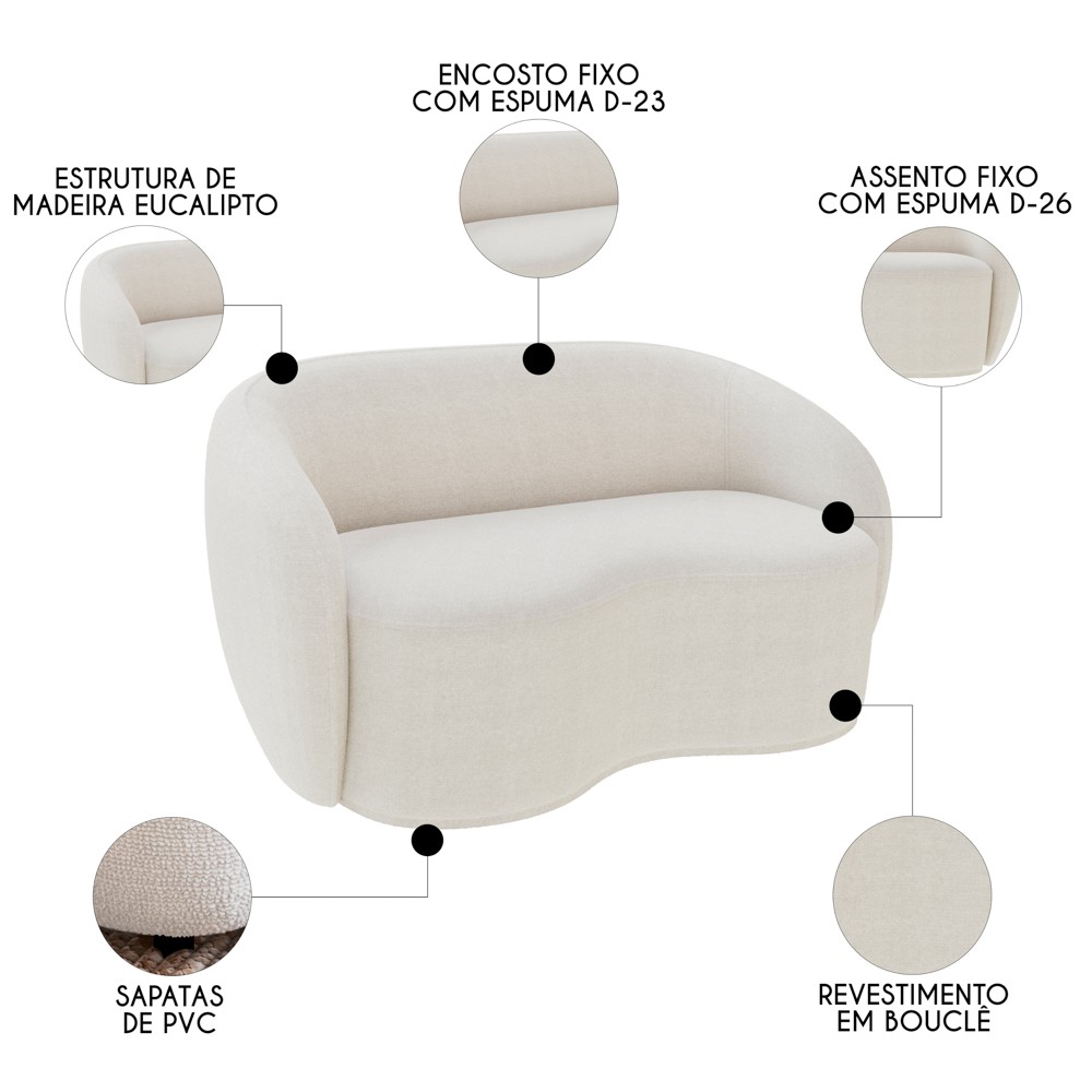 Sofá 2 Lugares Living Orgânico Sala de Estar 160cm Garbin K04 Bouclê Bege - Mpozenato