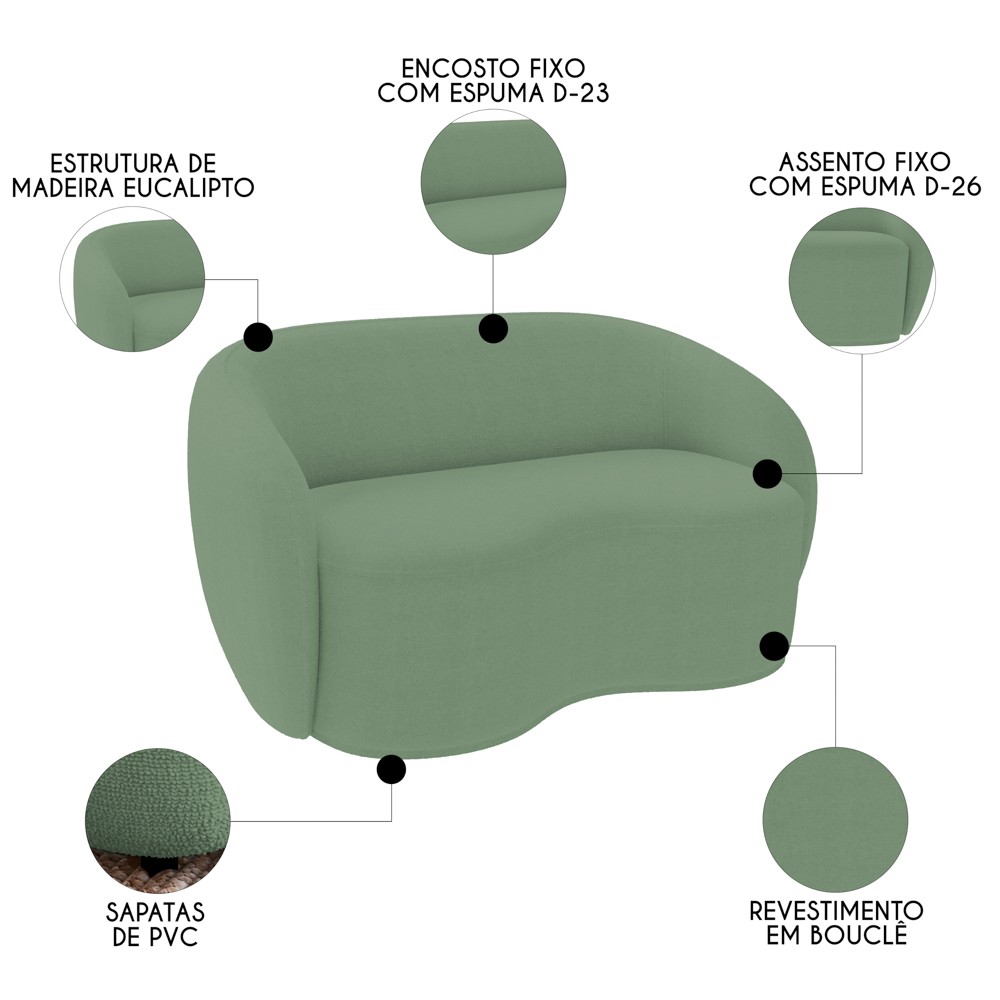 Sofá 2 Lugares Living Orgânico Sala de Estar 160cm Garbin K04 Bouclê Verde - Mpozenato