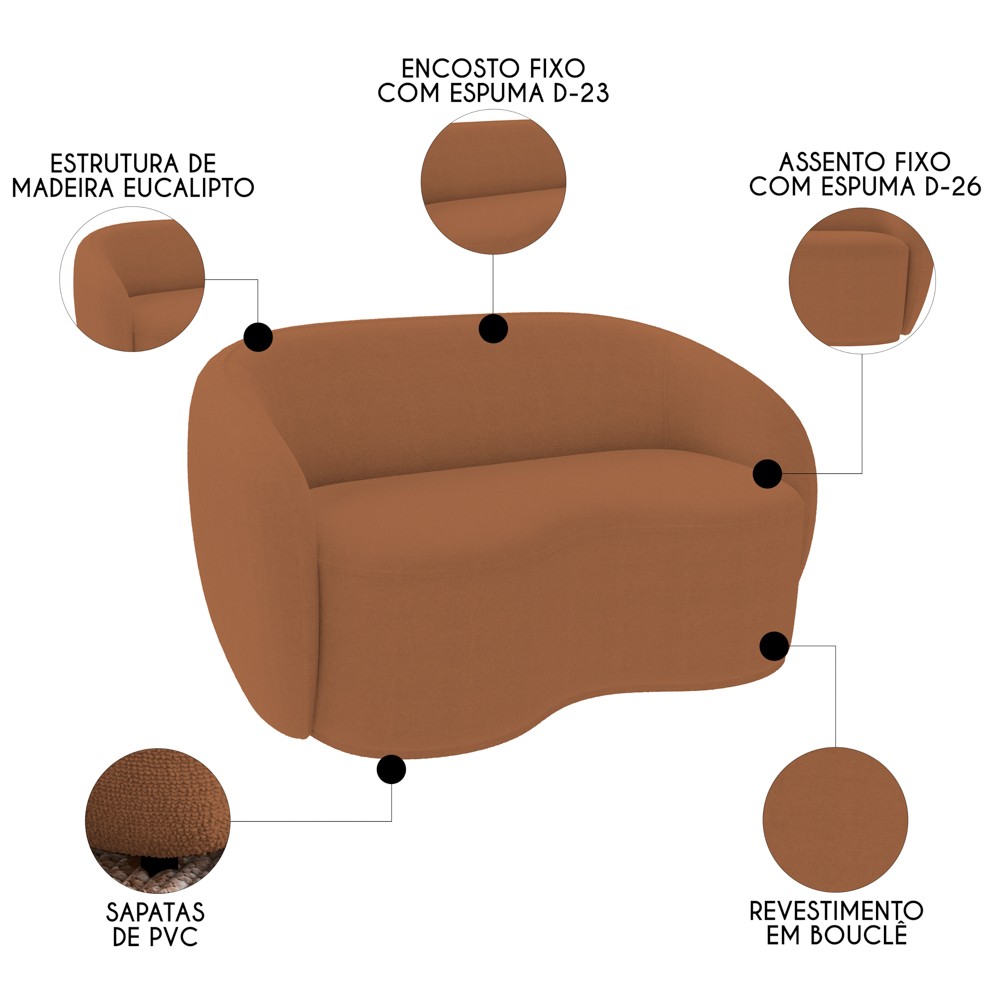 Sofá 2 Lugares Living Orgânico Sala de Estar 160cm Garbin Z08 Boucle Terracota - Mpozenato