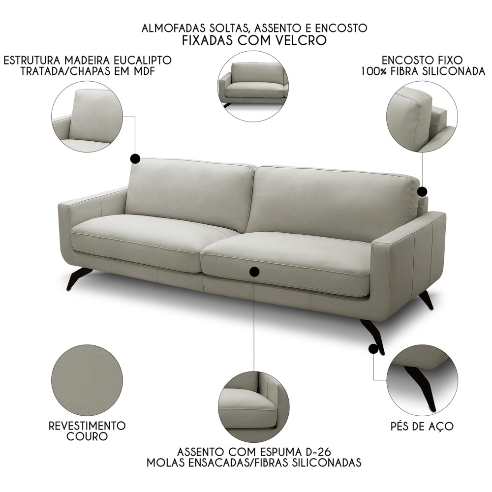 Sofá 2 Lugares Para Sala Living 180cm Vults L08 Couro Pérola - Mpozenato