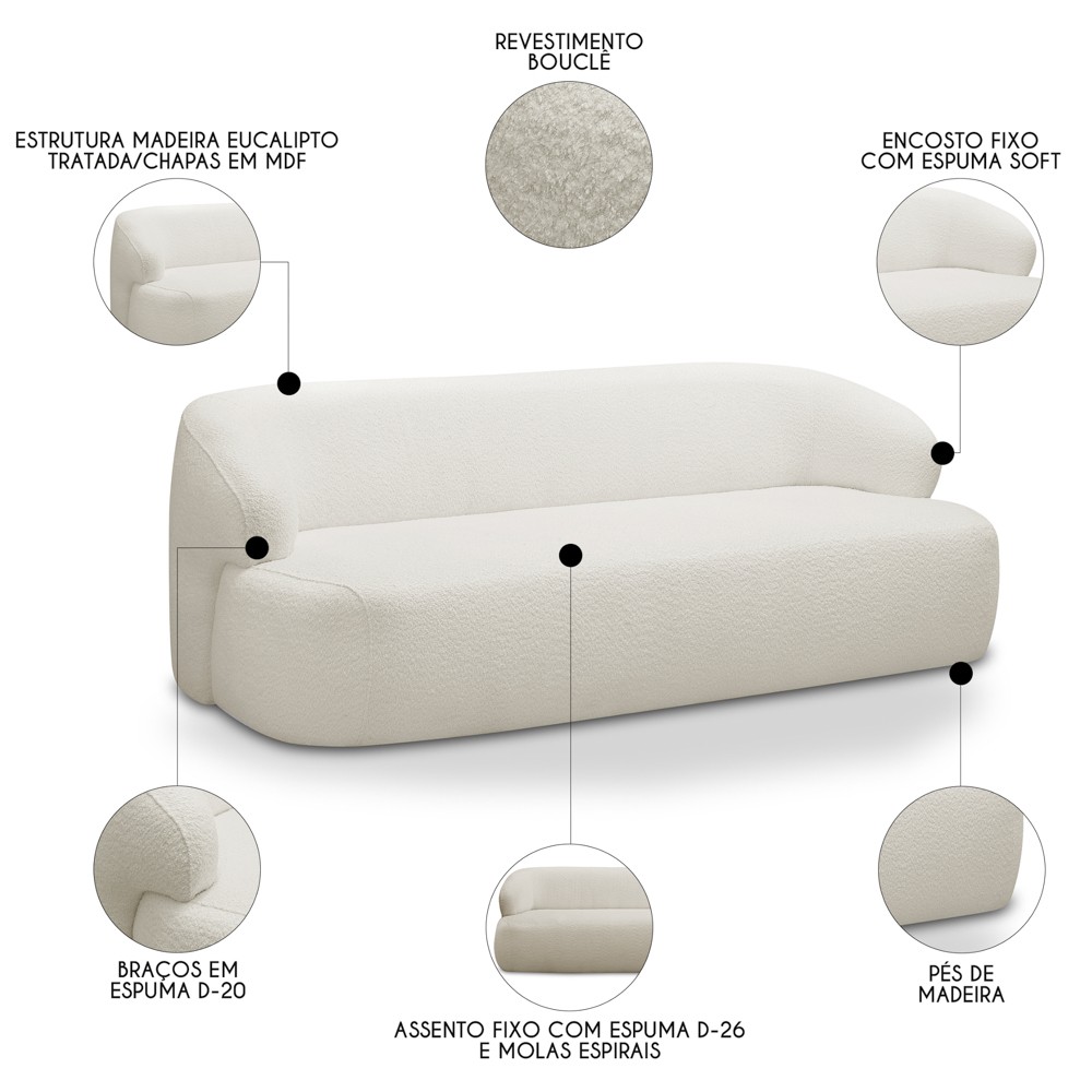 Sofá 2 Lugares Sala Orgânico 150cm Donk L08 Boucle Off White - Mpozenato