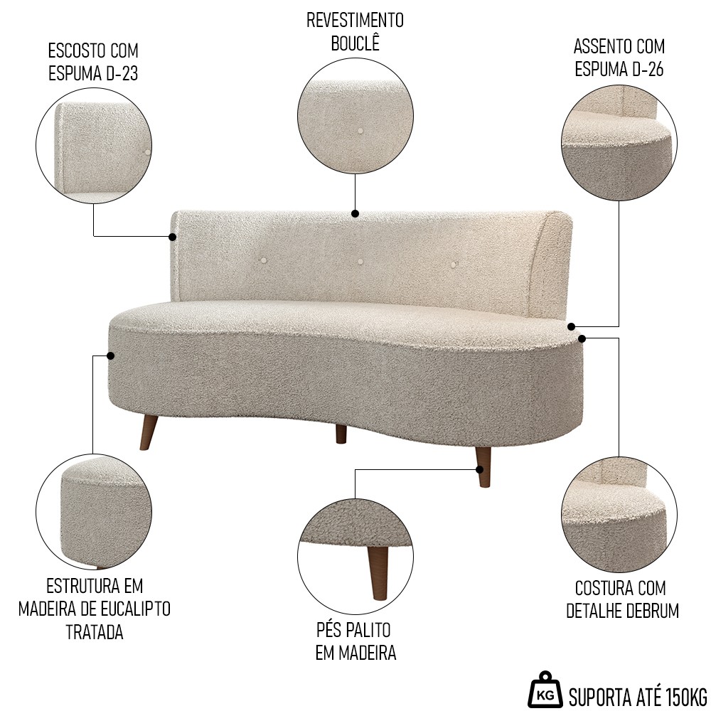 Sofá 2 Lugares para Sala Living 135cm Pés Palito Korah K04 Bouclê Bege - Mpozenato