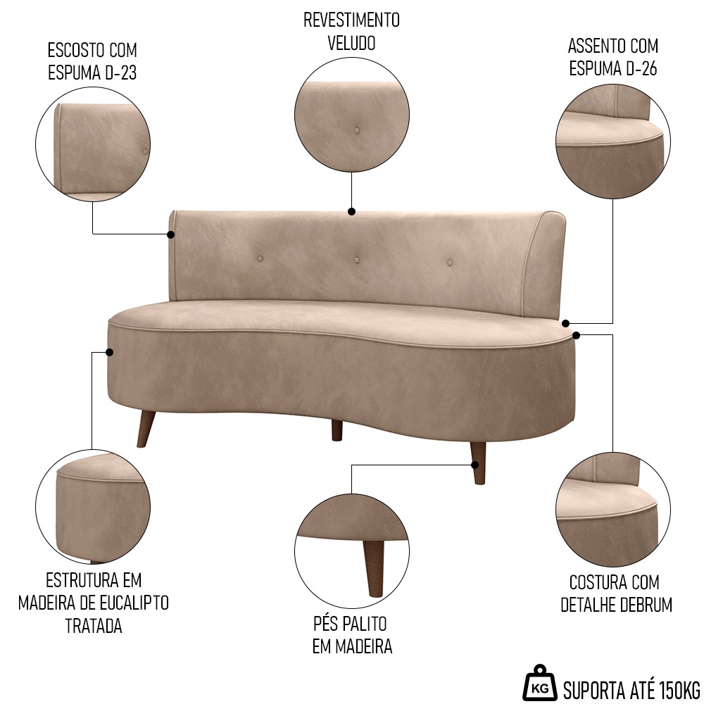 Sofá 2 Lugares para Sala Living 135cm Pés Palito Korah K04 Veludo Bege - Mpozenato