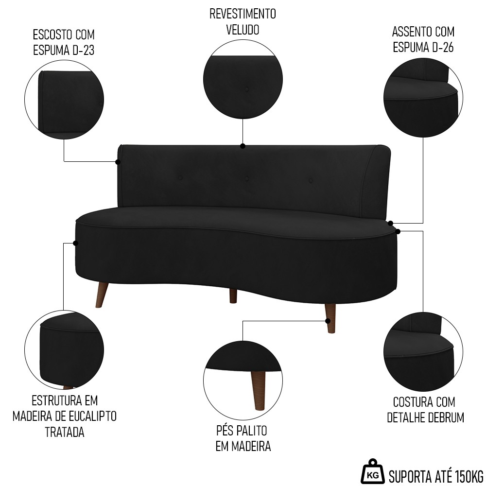 Sofá 2 Lugares para Sala Living 135cm Pés Palito Korah K04 Veludo Preto - Mpozenato
