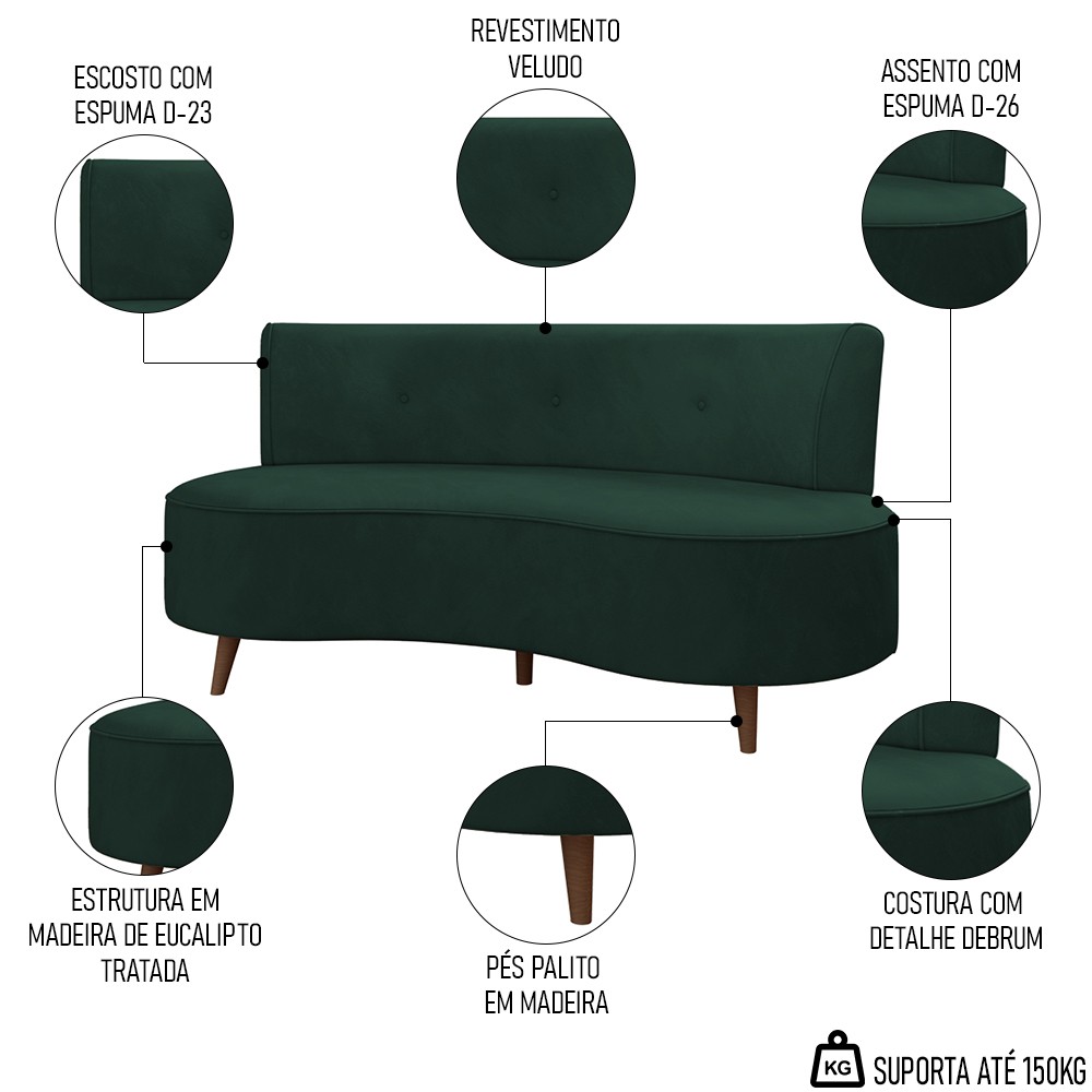 Sofá 2 Lugares para Sala Living 135cm Pés Palito Korah K04 Veludo Verde - Mpozenato
