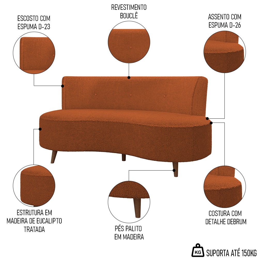Sofá 2 Lugares para Sala Living 135cm Pés Palito Korah Z08 Boucle Terracota - Mpozenato