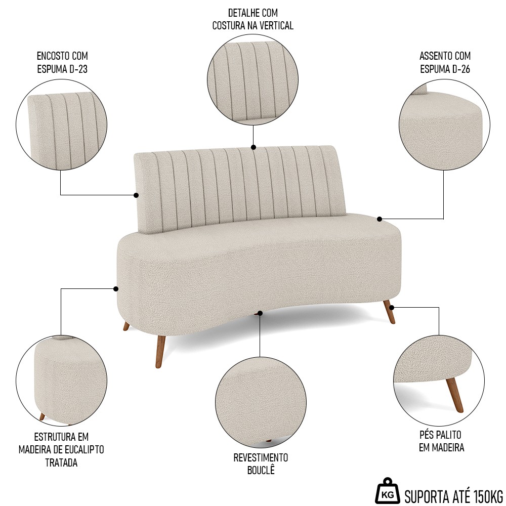 Sofá 2 Lugares para Sala Living 135cm Pés Palito Tamar K04 Bouclê Bege - Mpozenato
