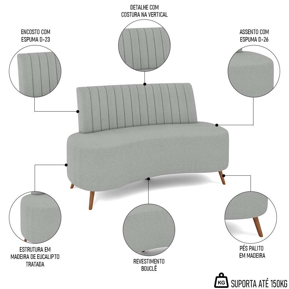Sofá 2 Lugares para Sala Living 135cm Pés Palito Tamar K04 Bouclê Cinza - Mpozenato