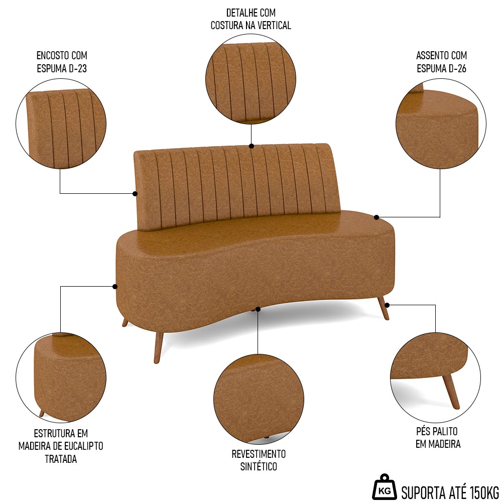 Sofá 2 Lugares para Sala Living 135cm Pés Palito Tamar K04 Sintético Caramelo - Mpozenato