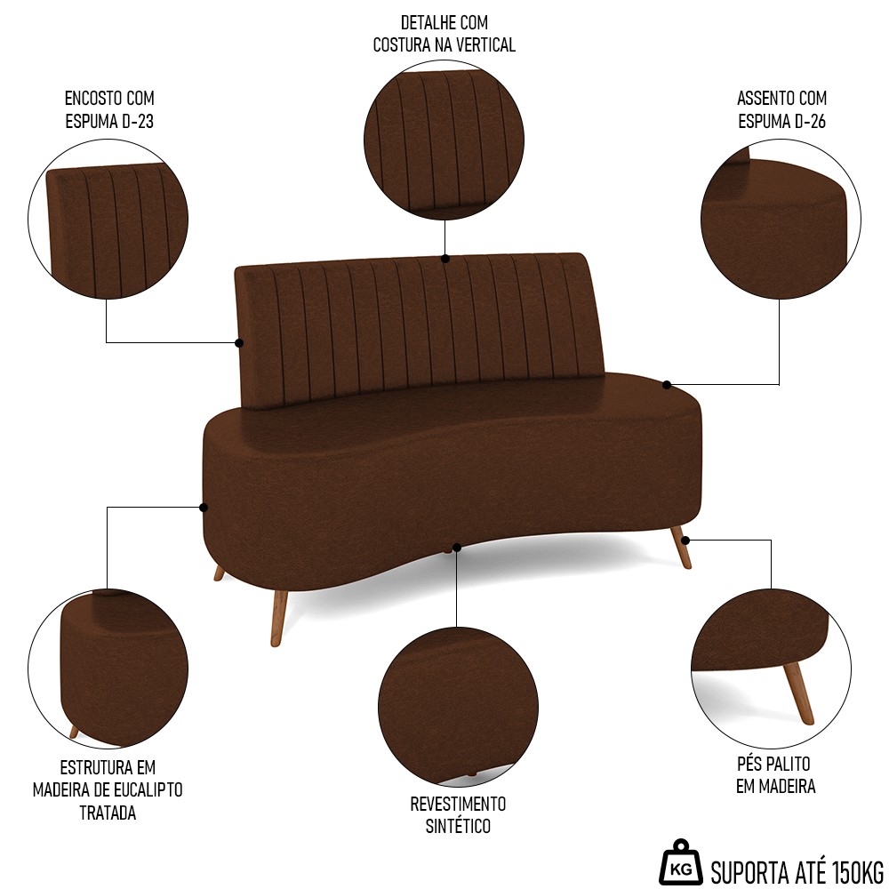 Sofá 2 Lugares para Sala Living 135cm Pés Palito Tamar K04 Sintético Marrom - Mpozenato