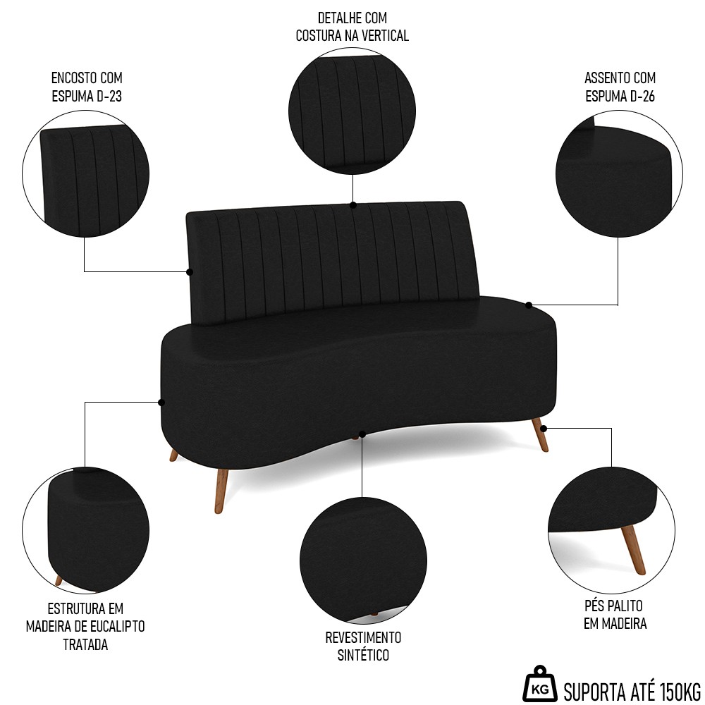 Sofá 2 Lugares para Sala Living 135cm Pés Palito Tamar K04 Sintético Preto - Mpozenato