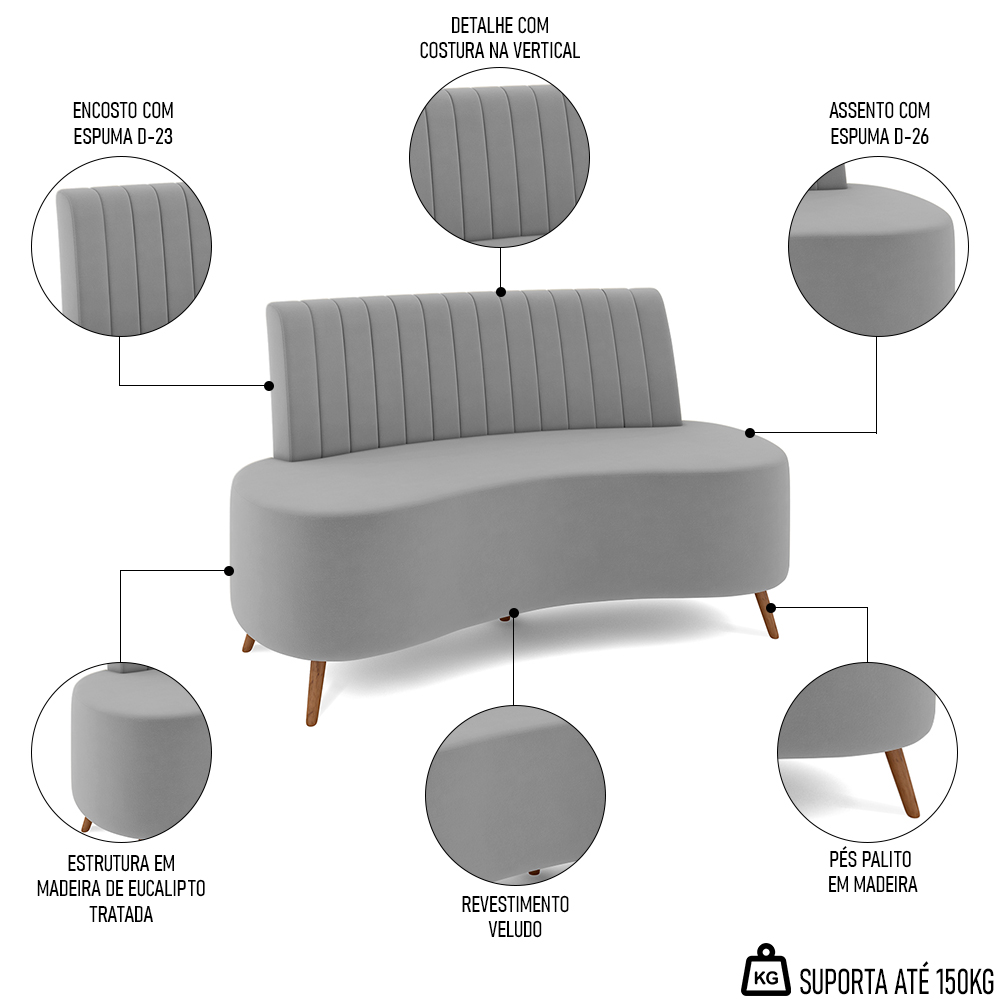 Sofá 2 Lugares para Sala Living 135cm Pés Palito Tamar K04 Veludo Cinza - Mpozenato