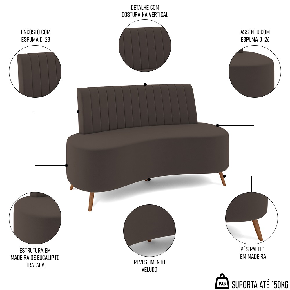 Sofá 2 Lugares para Sala Living 135cm Pés Palito Tamar K04 Veludo Marrom - Mpozenato