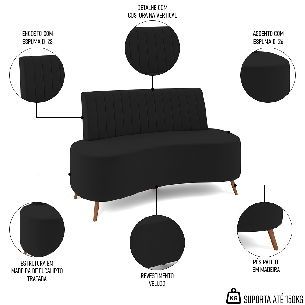 Sofá 2 Lugares para Sala Living 135cm Pés Palito Tamar K04 Veludo Preto - Mpozenato