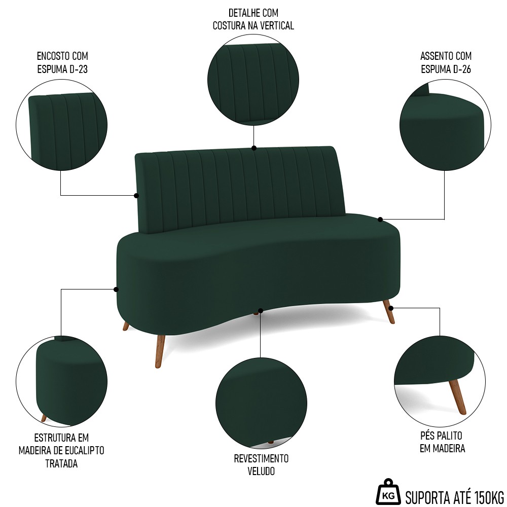 Sofá 2 Lugares para Sala Living 135cm Pés Palito Tamar K04 Veludo Verde - Mpozenato