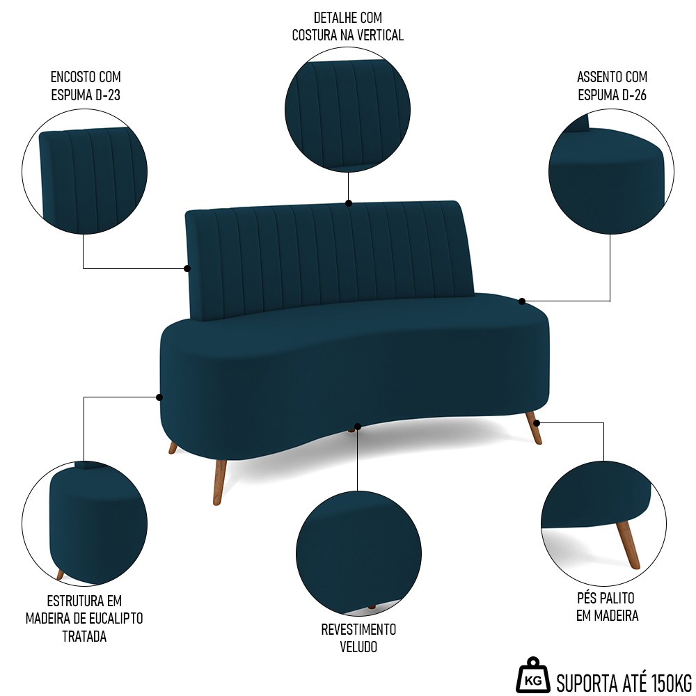 Sofá 2 Lugares para Sala Living 135cm Pés Palito Tamar Z08 Veludo Azul - Mpozenato
