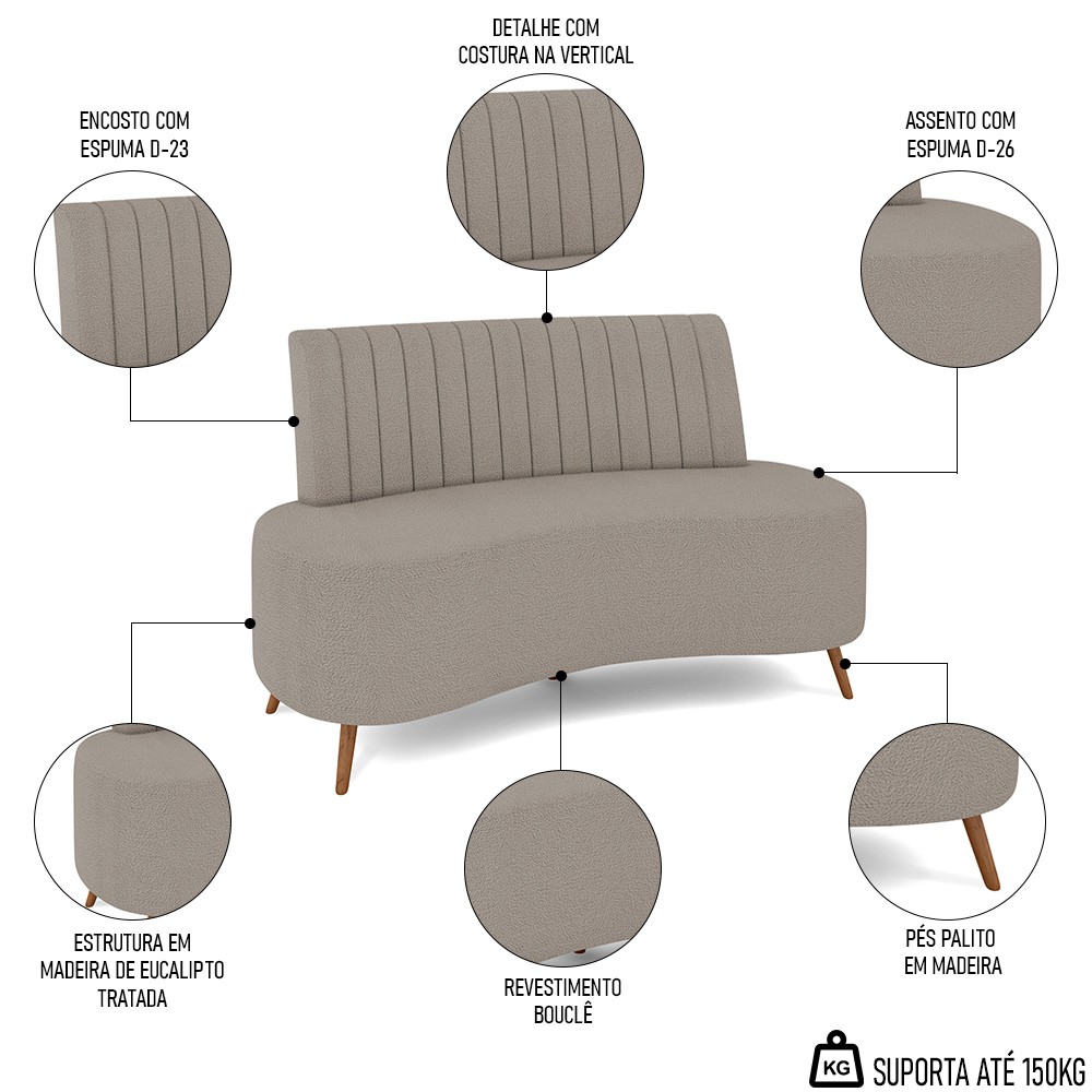 Sofá 2 Lugares para Sala Living 160cm Pés Palito Tamar Z08 Boucle Bege Escuro - Mpozenato