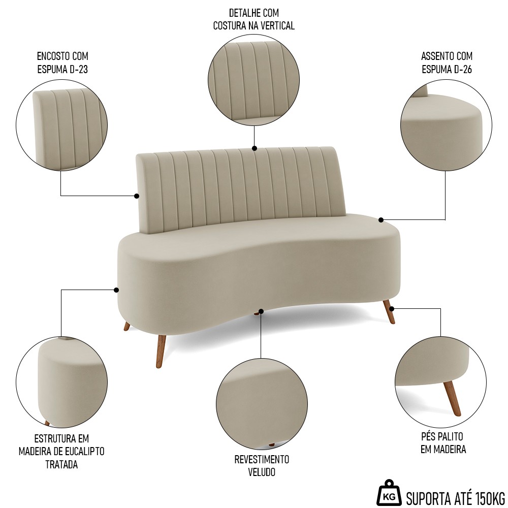Sofá 2 Lugares para Sala Living 160cm Pés Palito Tamar Z08 Veludo Bege - Mpozenato