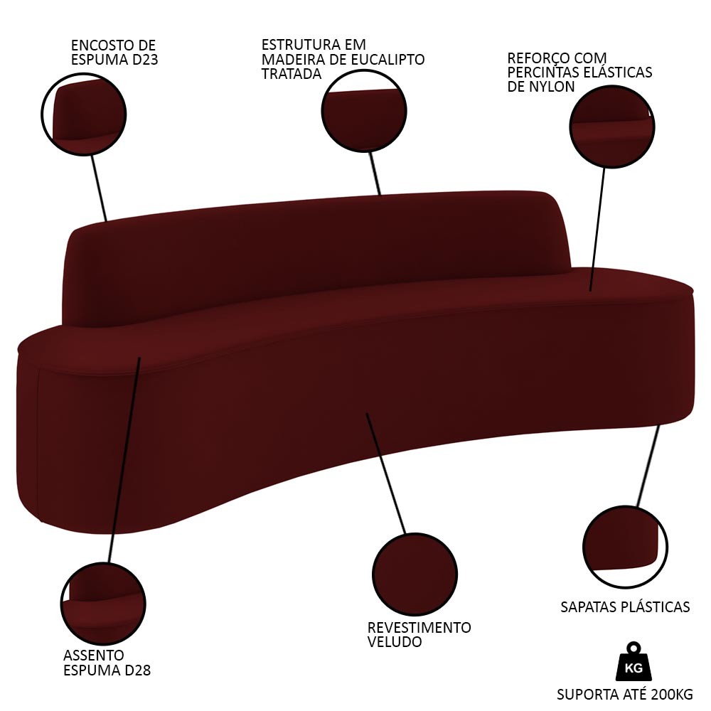 Sofá 2 Lugares para Sala de Estar Living 150cm Koane D06 Veludo Bordô - Mpozenato