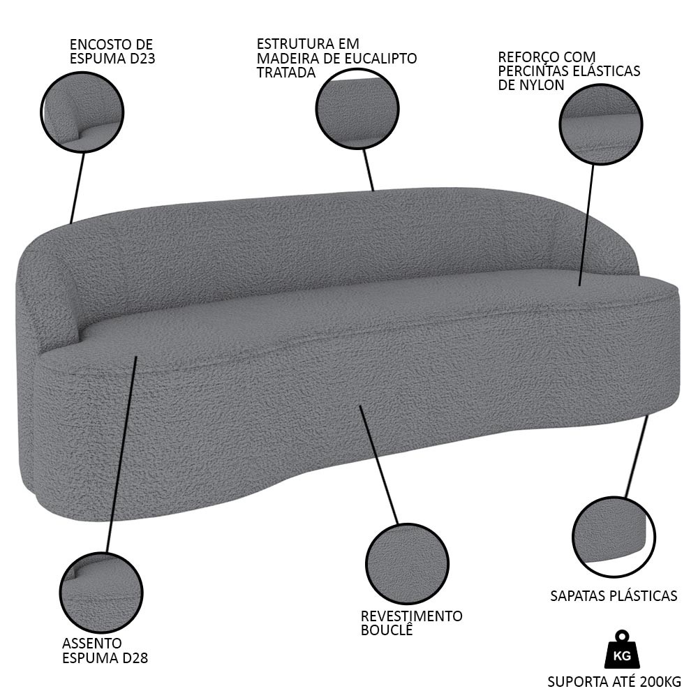 Sofá 2 Lugares para Sala de Estar Living 150cm Theo D06 Bouclê Cinza - Mpozenato