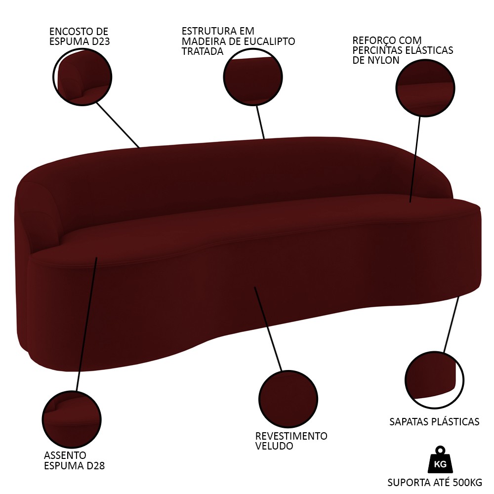 Sofá 2 Lugares para Sala de Estar Living 150cm Theo D06 Veludo Bordô - Mpozenato