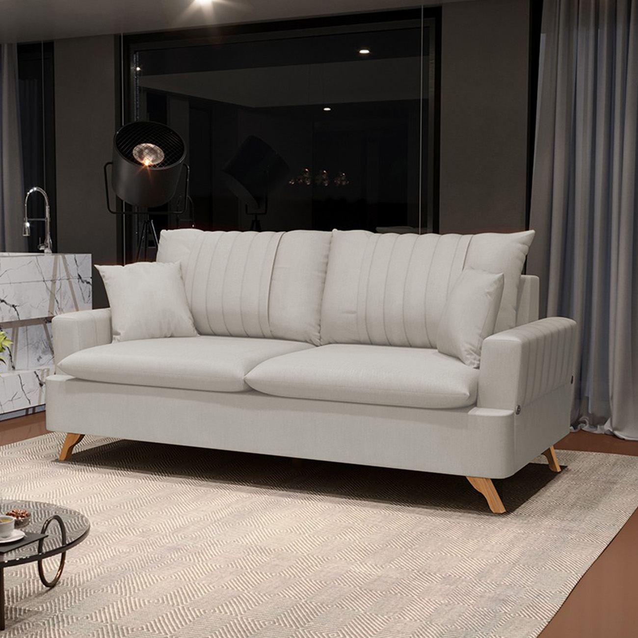 Sofá 200cm 3 Lugares com Almofadas Pés Curvos Veras Suede D05 Bege Claro - Mpozenato