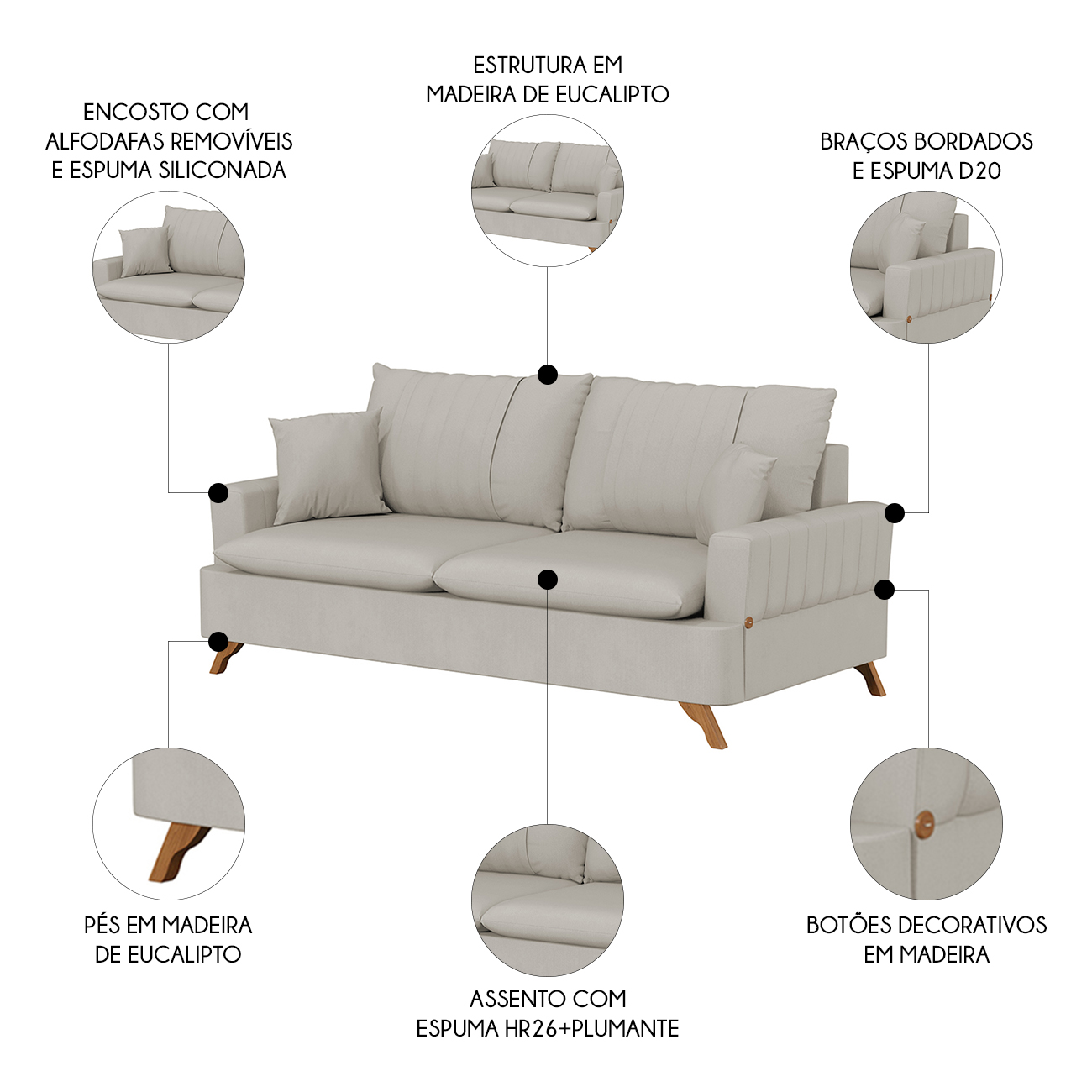 Sofá 200cm 3 Lugares com Almofadas Pés Curvos Veras Suede D05 Bege Claro - Mpozenato